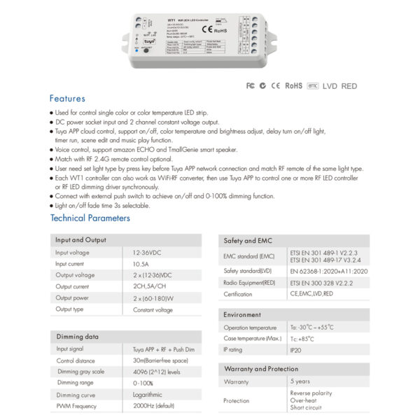 GloboStar® 71468 WT1 SKYDANCE DC WiFi & RF 2.4Ghz Dimmer High Speed Controller 2 Καναλιών DC 12-36V 2 x 5A 180W - Max 10A 180W - IP20 Μ11.5 x Π3.5 x Υ2cm - 5 Years Warranty - Image 7