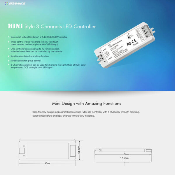 GloboStar® 71546 V3 SKYDANCE DC RF 2.4Ghz Dimmer High Speed Controller 3 Καναλιών DC 12-24V 3 x 5A 96W - Max 12A 288W - IP20 Μ10 x Π3.5 x Υ2cm - 5 Years Warranty - Image 9