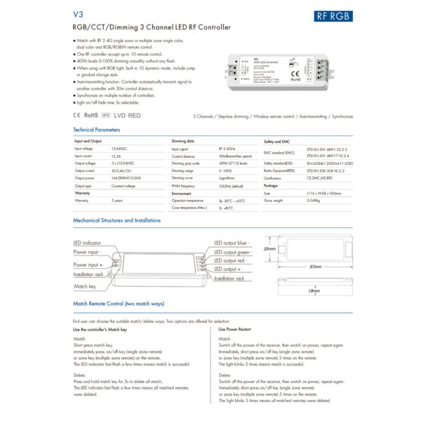 GloboStar® 71546 V3 SKYDANCE DC RF 2.4Ghz Dimmer High Speed Controller 3 Καναλιών DC 12-24V 3 x 5A 96W - Max 12A 288W - IP20 Μ10 x Π3.5 x Υ2cm - 5 Years Warranty - Image 8