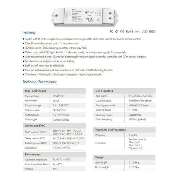 GloboStar® 71547 V3-L SKYDANCE DC RF 2.4Ghz Dimmer High Speed Controller & Push Dimming 3 Κανάλια DC 12-48V 3 x 6A 288W - Max 18.5A 288W - IP20 Μ17.5 x Π4.5 x Υ2.5cm - 5 Years Warranty - Image 8