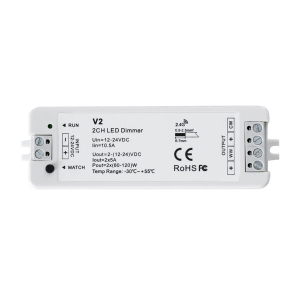 GloboStar® 71564 V2 SKYDANCE DC RF 2.4Ghz Dimmer High Speed Controller 2 Καναλιών DC 12-24V 2 x 5A 120W - Max 10.5A 252W - IP20 Μ10 x Π3.5 x Υ2cm - 5 Years Warranty - Image 2