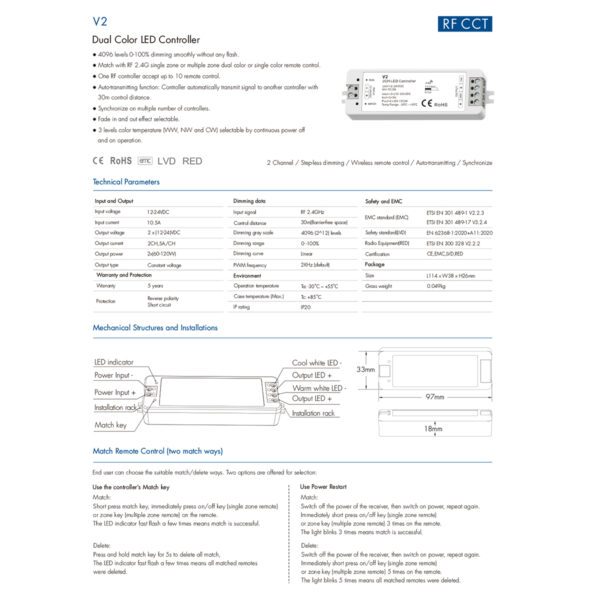 GloboStar® 71564 V2 SKYDANCE DC RF 2.4Ghz Dimmer High Speed Controller 2 Καναλιών DC 12-24V 2 x 5A 120W - Max 10.5A 252W - IP20 Μ10 x Π3.5 x Υ2cm - 5 Years Warranty - Image 7