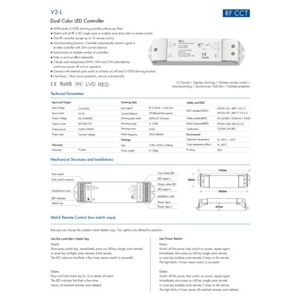 GloboStar® 71565 V2-L SKYDANCE DC RF 2.4Ghz Dimmer High Speed Controller & Push Dimming 2 Κανάλια DC 12-48V 2 x 8A 384W - Max 16.5A 384W - IP20 Μ17.5 x Π4.5 x Υ2.5cm - 5 Years Warranty - Image 8