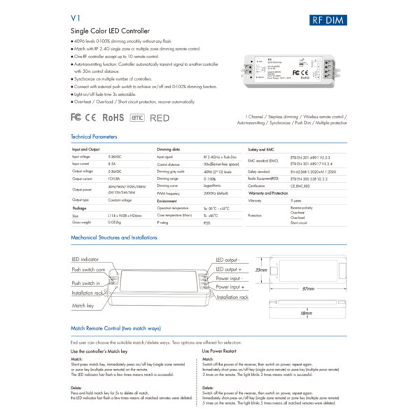 GloboStar® 71567 V1 SKYDANCE DC RF 2.4Ghz Dimmer High Speed Controller & Push Dimming 1 Κανάλι DC 5-36V 1 x 8A 288W - Max 8.5A 288W - IP20 Μ10 x Π3.5 x Υ2cm - 5 Years Warranty - Image 7