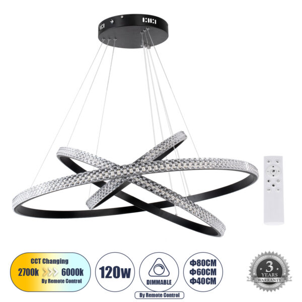 GloboStar® DIAMOND TRIO 61138-DECO Κρεμαστό Φωτιστικό Δαχτυλίδι-Κύκλος LED CCT 120W 14723lm 360° AC 220-240V - Εναλλαγή Φωτισμού μέσω Τηλεχειριστηρίου All In One Ψυχρό 6000k+Φυσικό 4500k+Θερμό 2700k Dimmable Φ40+60+80cm - Μαύρο - 3 Years Warranty