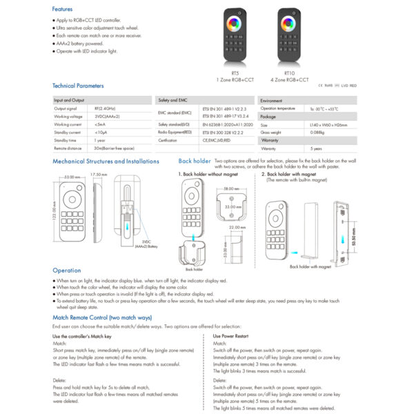 GloboStar® 73009 RT5 SKYDANCE Ασύρματο Χειριστήριο Αφής RF 2.4Ghz 1 Group για όλα τα RGBW+WW SKYDANCE Controller  DC 3V 2 x AAA - IP20 Μαύρο Μ5.3 x Π1.75 x Υ12.2cm - 5 Years Warranty - Image 9