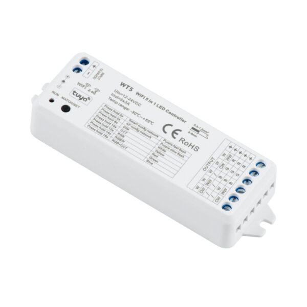 GloboStar® 73010 WT5 SKYDANCE DC WiFi & RF 2.4Ghz Dimmer High Speed Controller 5 Καναλιών DC 12-24V 5 x 3A 72W - Max 15A 360W - IP20 Μ10 x Π4 x Υ2cm - 5 Years Warranty