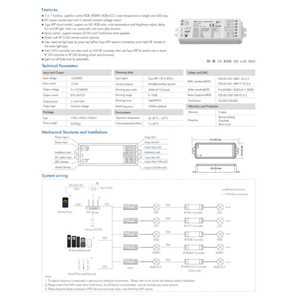 GloboStar® 73010 WT5 SKYDANCE DC WiFi & RF 2.4Ghz Dimmer High Speed Controller 5 Καναλιών DC 12-24V 5 x 3A 72W - Max 15A 360W - IP20 Μ10 x Π4 x Υ2cm - 5 Years Warranty - Image 7