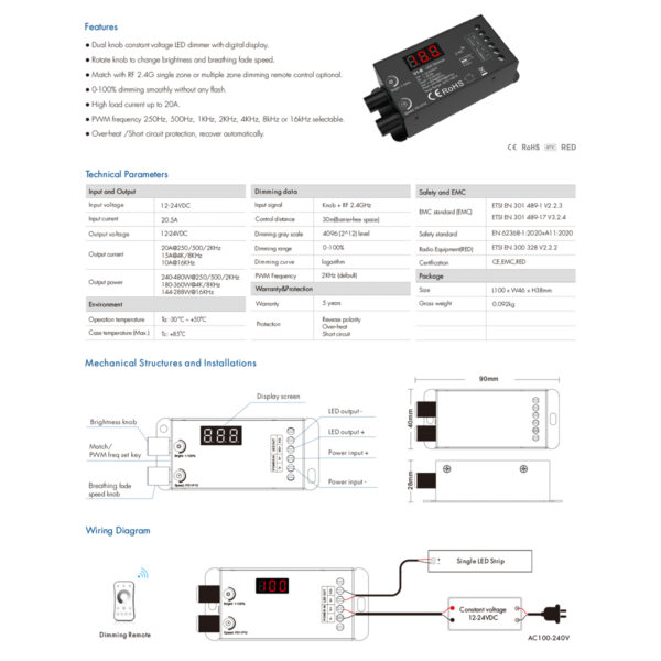 GloboStar® 73116 V1-B SKYDANCE DC RF 2.4Ghz Dimmer Constant Voltage Controller 1 Κανάλι DC 12-24V 1 x 20.5A 480W - Max 20.5A 480W - IP20 Μ9 x Π4 x Υ2.8cm - 5 Χρόνια Εγγύηση - Image 7