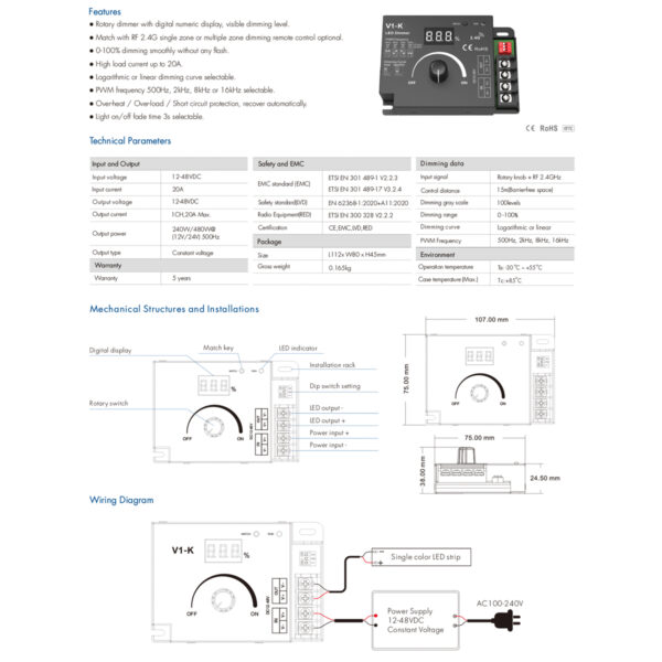 GloboStar® 73117 V1-K SKYDANCE DC RF 2.4Ghz Dimmer PWM Frequency Controller 1 Κανάλι DC 12-24V 1 x 20A 480W - Max 20A 480W - IP20 Μ10.7 x Π7.5 x Υ3.8cm - 5 Χρόνια Εγγύηση - Image 10