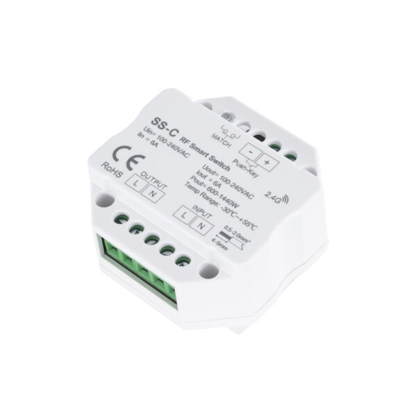 GloboStar® 73126 SS-C SKYDANCE AC RF 2.4Ghz & Push Switch 1 Κανάλι AC 100-240V 1 x 6A 1440W - Max 6A 1440W - IP20  Μ5.2 x Π5.2 x Υ2.6cm - 5 Χρόνια Εγγύηση