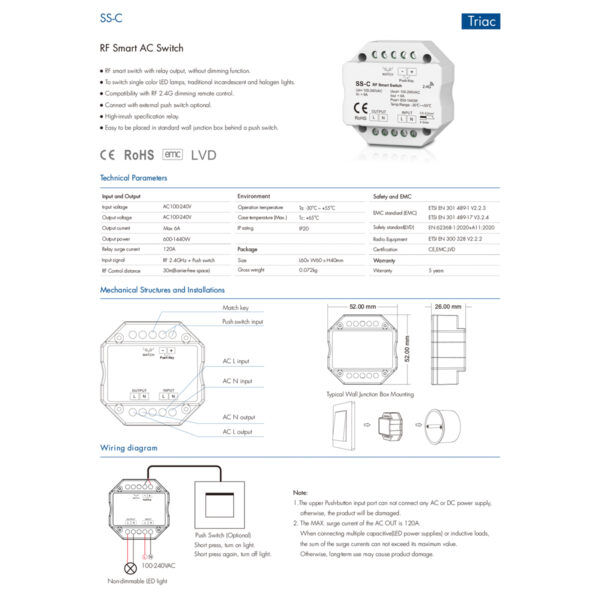 GloboStar® 73126 SS-C SKYDANCE AC RF 2.4Ghz & Push Switch 1 Κανάλι AC 100-240V 1 x 6A 1440W - Max 6A 1440W - IP20  Μ5.2 x Π5.2 x Υ2.6cm - 5 Χρόνια Εγγύηση - Image 6