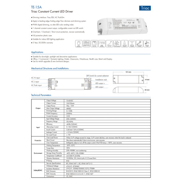 GloboStar® 73133 TE-15A SKYDANCE AC Triac Dimmable Constant Current LED Driver Push Dimming 1 Κανάλι AC 200-240V 1 x 0.15A 15W - Max 0.15A 15W - IP20  Μ15.1 x Π4.1 x Υ3cm - 5 Χρόνια Εγγύηση - Image 8