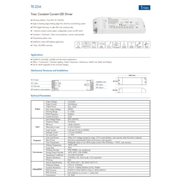 GloboStar® 73134 TE-25A SKYDANCE AC Triac Dimmable Constant Current LED Driver 1 Κανάλι AC 200-240V 1 x 0.22A 25W - Max 0.22A 25W - IP20  Μ17.5 x Π4.4 x Υ3cm - 5 Χρόνια Εγγύηση - Image 8