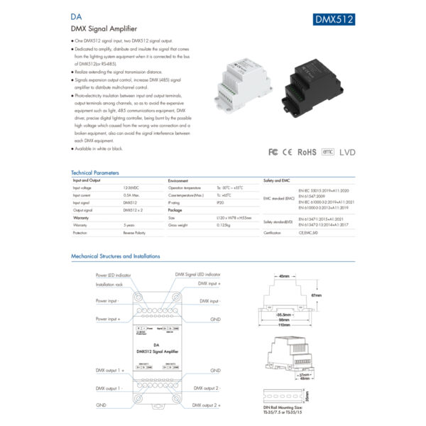 GloboStar® 73137 DA SKYDANCE DC DMX512 Signal Amplifier Din Rail Ράγας 2 Καναλιών DC 12-48V - IP20  Μ11.5 x Π5 x Υ6.5cm - 5 Χρόνια Εγγύηση - Image 8