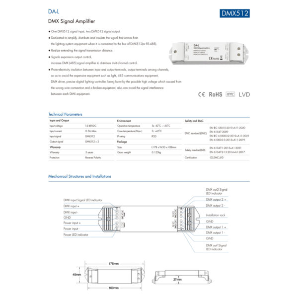 GloboStar® 73138 DA-L SKYDANCE DC DMX512 Signal Amplifier 2 Καναλιών DC 12-48V - IP20  Μ17.5 x Π4.5 x Υ2.5cm - 5 Χρόνια Εγγύηση - Image 8