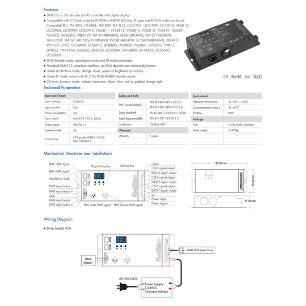 GloboStar® 73141 DSA SKYDANCE DC RF 2.4Ghz DMX512 to SPI Decoder DC 5-24V - IP20 Π16.5 x Π7 x Υ3.7cm - 5 Χρόνια Εγγύηση - Image 7