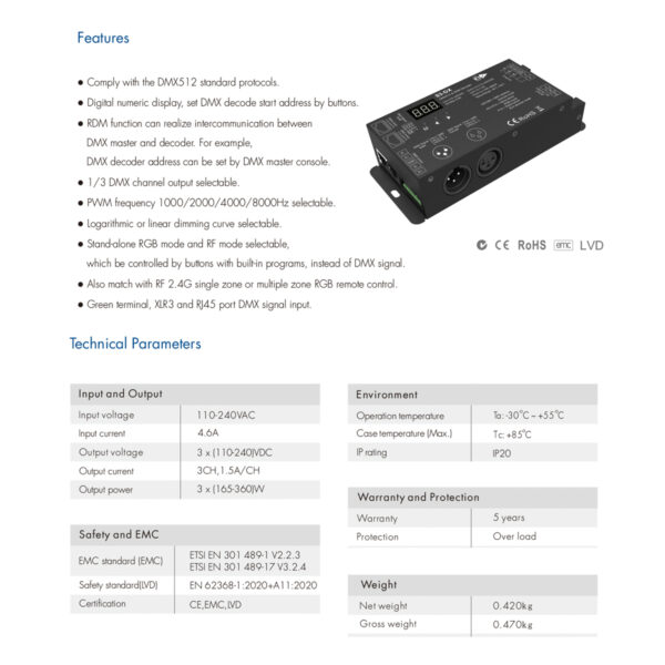 GloboStar® 73144 S3-DX SKYDANCE AC DMX512 High Voltage LED Strip Decoder 3 Καναλιών AC 110-240V 3 x 1.5A 360W - Max 4.6A 360W - IP20 Π16.5 x Π7 x Υ3.7cm - 5 Χρόνια Εγγύηση - Image 7