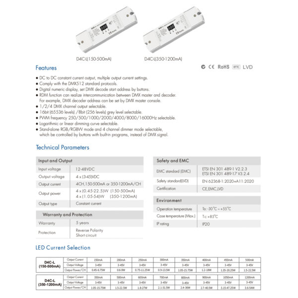 GloboStar® 73145 D4C-L SKYDANCE DC DMX512 Constant Current & RDM Decoder 4 Καναλιών DC 12-48V 4 x 0.5A 22.5W - Max 2A 90W - IP20  Μ17 x Π5 x Υ2.5cm - 5 Χρόνια Εγγύηση - Image 8