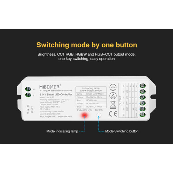 GloboStar® 73422 LS2 Mi-BOXER DC RF 2.4Ghz 5 in 1 Dimmer High Speed Controller / Dimmer 5 Καναλιών DC 12-24V 5 x 3A 72W - Max 15A 360W - IP20 RGBW+WW Μ13 x Π5 x Υ2.5cm - 5 Years Warranty - Image 11