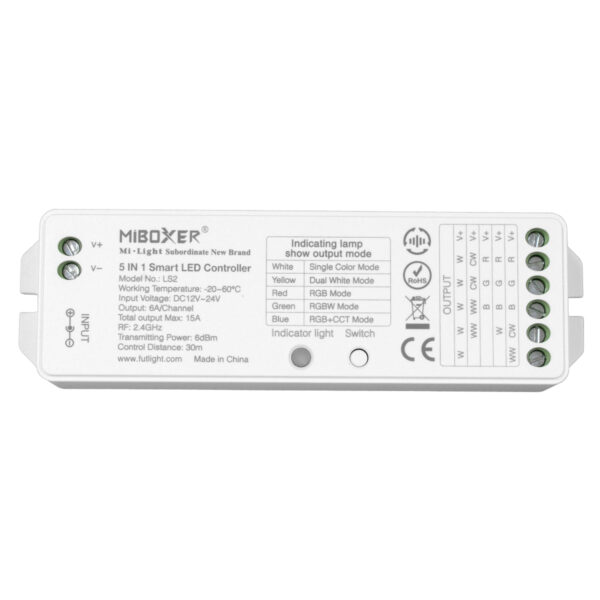 GloboStar® 73422 LS2 Mi-BOXER DC RF 2.4Ghz 5 in 1 Dimmer High Speed Controller / Dimmer 5 Καναλιών DC 12-24V 5 x 3A 72W - Max 15A 360W - IP20 RGBW+WW Μ13 x Π5 x Υ2.5cm - 5 Years Warranty - Image 3