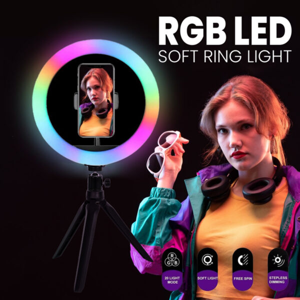 GloboStar® 75800 Professional Digital Ring Light Φ20cm LED SMD 20W 2000lm 180° DC 5V με Καλώδιο Τροφοδοσίας USB - Ενσωματωμένο Χειριστήριο Εναλλαγής Χρωμάτων & 1 Βάση Τηλεφώνου - Πολύχρωμο RGBW+WW Dimmable - Image 9