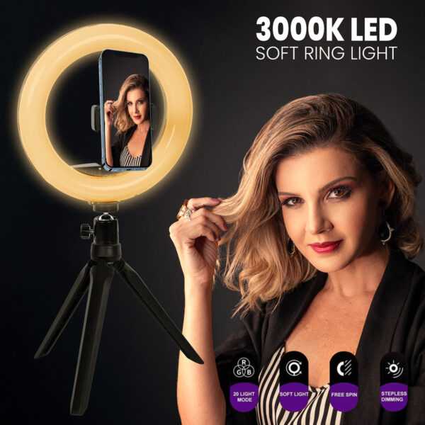 GloboStar® 75800 Professional Digital Ring Light Φ20cm LED SMD 20W 2000lm 180° DC 5V με Καλώδιο Τροφοδοσίας USB - Ενσωματωμένο Χειριστήριο Εναλλαγής Χρωμάτων & 1 Βάση Τηλεφώνου - Πολύχρωμο RGBW+WW Dimmable - Image 12