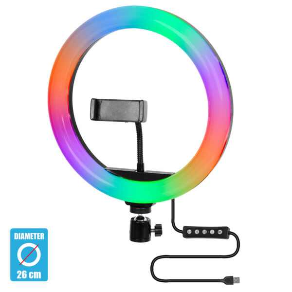 GloboStar® 75801 Professional Digital Ring Light Φ26cm LED SMD 30W 3000lm 180° DC 5V με Καλώδιο Τροφοδοσίας USB - Ενσωματωμένο Χειριστήριο Εναλλαγής Χρωμάτων & 1 Βάση Τηλεφώνου - Πολύχρωμο RGBW+WW Dimmable