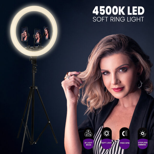 GloboStar® 75803 Professional Digital Ring Light Φ36cm LED SMD 50W 5000lm 180° DC 5V με Καλώδιο Τροφοδοσίας USB - Ενσωματωμένο και Ασύρματο Χειριστήριο RF 2.4Ghz Εναλλαγής Χρωμάτων & 3 Βάσεις Τηλεφώνου - Πολύχρωμο RGBW+WW Dimmable - Image 9