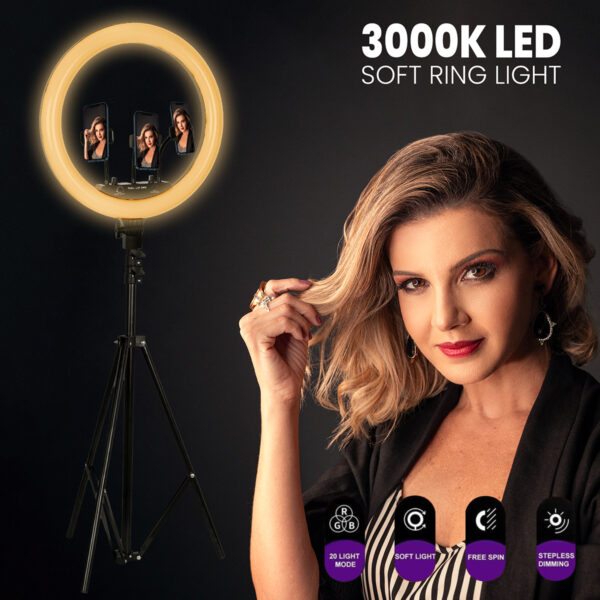 GloboStar® 75803 Professional Digital Ring Light Φ36cm LED SMD 50W 5000lm 180° DC 5V με Καλώδιο Τροφοδοσίας USB - Ενσωματωμένο και Ασύρματο Χειριστήριο RF 2.4Ghz Εναλλαγής Χρωμάτων & 3 Βάσεις Τηλεφώνου - Πολύχρωμο RGBW+WW Dimmable - Image 10