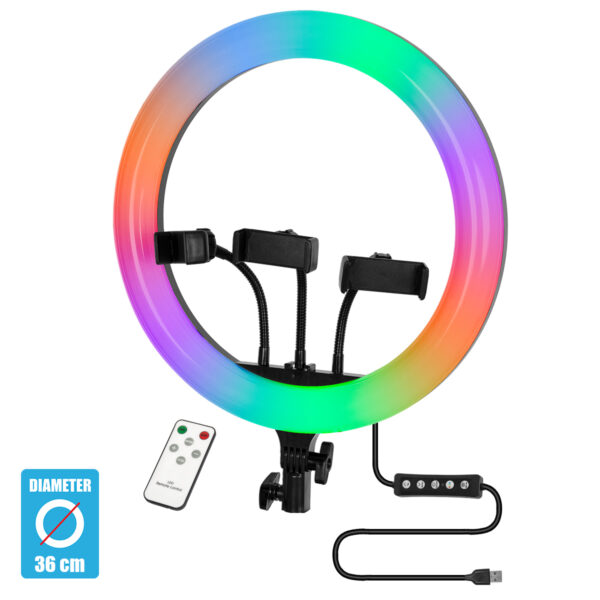 GloboStar® 75803 Professional Digital Ring Light Φ36cm LED SMD 50W 5000lm 180° DC 5V με Καλώδιο Τροφοδοσίας USB - Ενσωματωμένο και Ασύρματο Χειριστήριο RF 2.4Ghz Εναλλαγής Χρωμάτων & 3 Βάσεις Τηλεφώνου - Πολύχρωμο RGBW+WW Dimmable