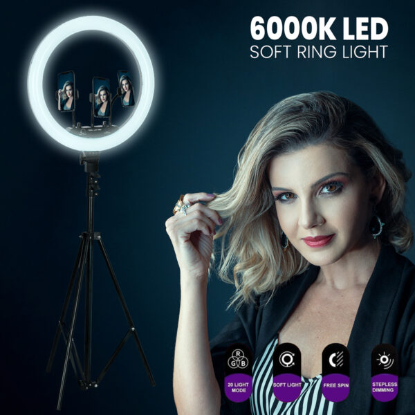 GloboStar® 75803 Professional Digital Ring Light Φ36cm LED SMD 50W 5000lm 180° DC 5V με Καλώδιο Τροφοδοσίας USB - Ενσωματωμένο και Ασύρματο Χειριστήριο RF 2.4Ghz Εναλλαγής Χρωμάτων & 3 Βάσεις Τηλεφώνου - Πολύχρωμο RGBW+WW Dimmable - Image 8