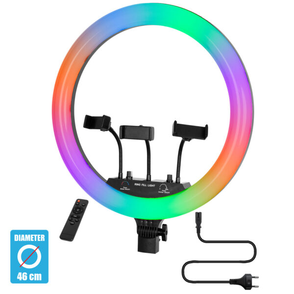 GloboStar® 75805 Professional Digital Ring Light Φ46cm LED SMD 70W 7000lm 180° AC 230V με Καλώδιο Τροφοδοσίας Πρίζας - Ασύρματο Χειριστήριο RF 2.4Ghz Εναλλαγής Χρωμάτων & 3 Βάσεις Τηλεφώνου - Πολύχρωμο RGBW+WW Dimmable