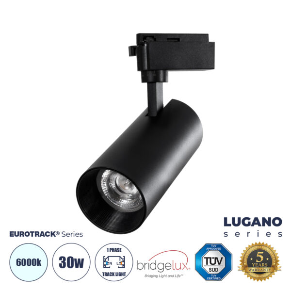 GloboStar® LUGANO 60815 Μονοφασικό Φωτιστικό Σποτ Ράγας LED 30W 3900lm 36° Acrylic HQ LENS AC 220-240V IP20 Φ7.5 x Υ22.7cm Ψυχρό Λευκό 6000K - EUROTRACK® System 1L+1N - Μαύρο - Bridgelux Chip - TÜV Certified Driver - 5 Χρόνια Εγγύηση