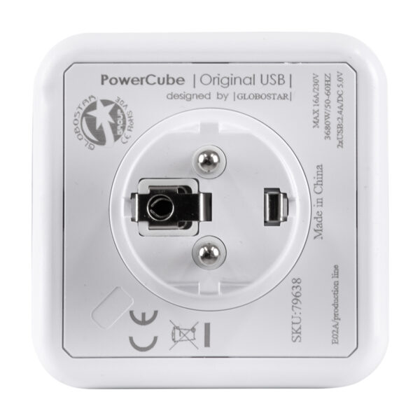 GloboStar® TRAVEL PowerCube PRO Certified 79638 Πολύπριζο 6 Θέσεων με 4 Πρίζες Ασφαλείας Childproof EU Schuko AC 220-240V & 2 Πρίζες USB Max 2.1A/DC 5V Μ7.5 x Π11.5 x Υ7.5 - Λευκό με Μπλε - Max Load 3680W/16A - Image 8