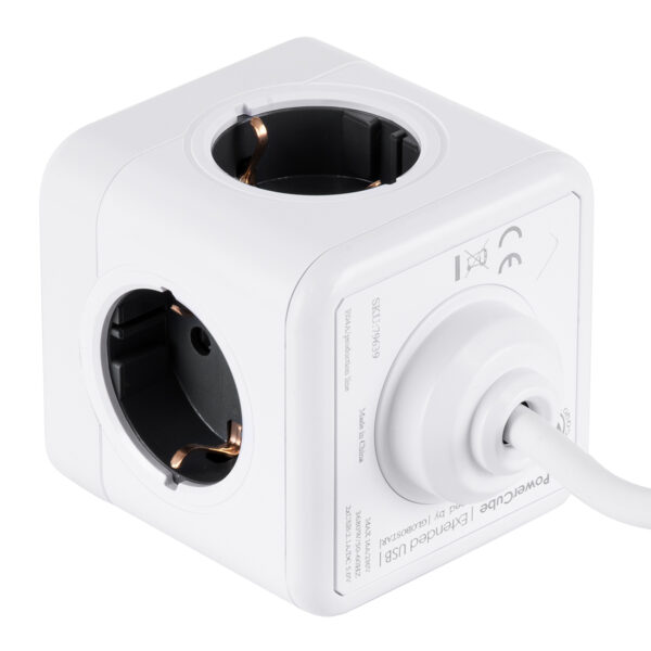 GloboStar® TRAVEL PowerCube PRO Certified 79639 Πολύπριζο 6 Θέσεων με 1.5m Kαλώδιο - 4 Πρίζες Ασφαλείας Childproof EU Schuko AC 220-240V & 2 Πρίζες USB Max 2.1A/DC 5V Μ7.5 x Π7.5 x Υ7.5 - Λευκό με Γκρι - Max Load 3680W/16A - Image 3