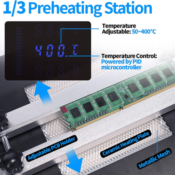 GloboStar® 79973 Ψηφιακός Σταθμός Συγκόλλησης 3in1 με Ψηφιακή Οθόνη - Κολλητήρι - Πιστόλι Θερμού Αέρα Hot Air Soldering Welding Gun - Φούρνος Πλακετών Solder Preheat Welding Oven PCB και PID Προγραμματιζόμενο Σύστημα Ελέγχου Θερμοκρασίας - 1200W - Image 7