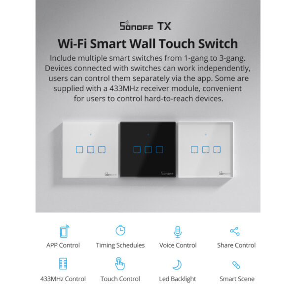 GloboStar® 80130  SONOFF T2EU1C-RF - 433MHz Wireless Smart Wall Touch Button Switch AC 100-240V Max 2A (2A/Way) 1 Way - RF Series - Image 5