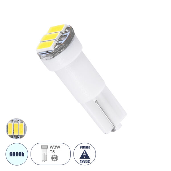 GloboStar® T5 81036 Λάμπα Αυτοκινήτου LED 3xSMD4014 0.9W 135lm 120° DC 12-16V IP20 Φ0.6 x Υ1.8cm Ψυχρό Λευκό 6000K