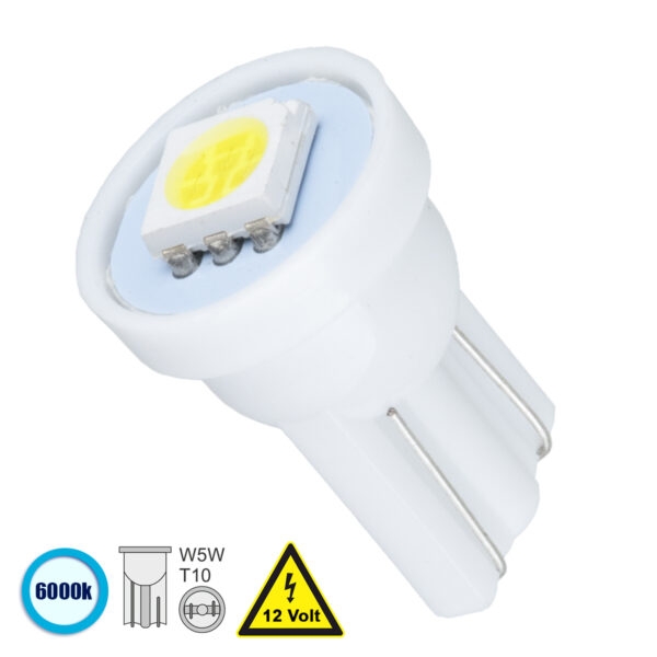 GloboStar® T10 W5W 81044 Λάμπα Αυτοκινήτου LED 1xSMD5050 0.28W 22lm 120° DC 12-16V IP20 Φ1.1 x Υ1.7cm Ψυχρό Λευκό 6000K