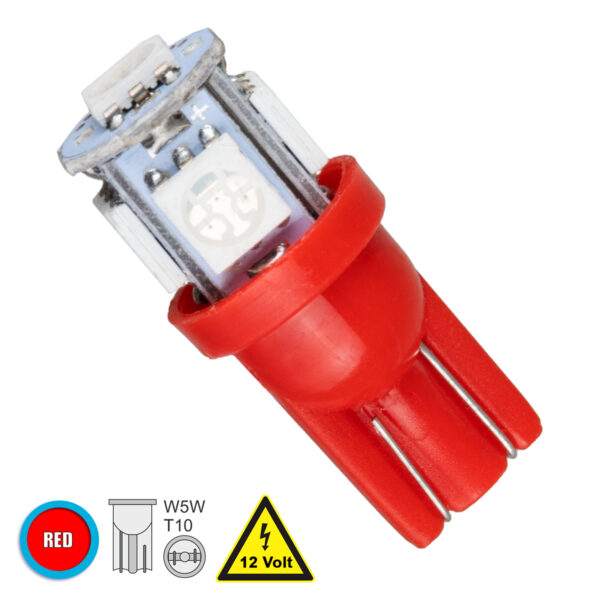 GloboStar® T10 W5W 81051 Λάμπα Αυτοκινήτου LED 5xSMD5050 1.3W 80lm 360° DC 12-16V IP20 Φ1.2 x Υ2.7cm Κόκκινο