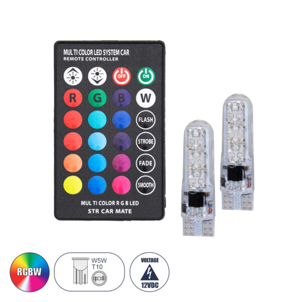 GloboStar® T10 W5W 81062 Λάμπές Αυτοκινήτου LED με Ασύρματο Χειριστήριο IR 6xSMD3535 2.5W 300lm 360° DC 12-16V IP20 Φ1 x Υ3.5cm RGBW - Σετ 2 Τεμαχίων σε Blister