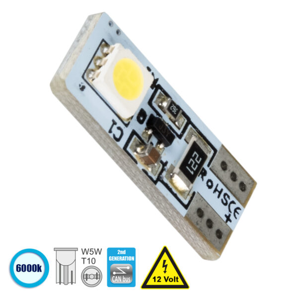 GloboStar® T10 W5W 81087 Λάμπα Αυτοκίνητου  2rd Generation Can-Bus Series LED 2 SMD 5050 1.6W 240lm 360° DC 12V IP20 Ψυχρό Λευκό 6000K