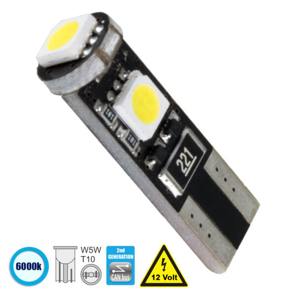 GloboStar® T10 W5W 81088 Λάμπα Αυτοκίνητου  2rd Generation Can-Bus Series LED 3 SMD 5050 2W 300lm 360° DC 12V IP20 Ψυχρό Λευκό 6000K