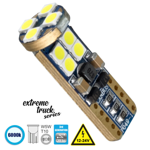 GloboStar® T10 W5W 81102 Λάμπα Αυτοκίνητου  3rd Generation Can-Bus Extreme Truck Series LED 12 SMD 3030 2.5W 900lm 360° DC 12-24V IP20 Ψυχρό Λευκό 6000K