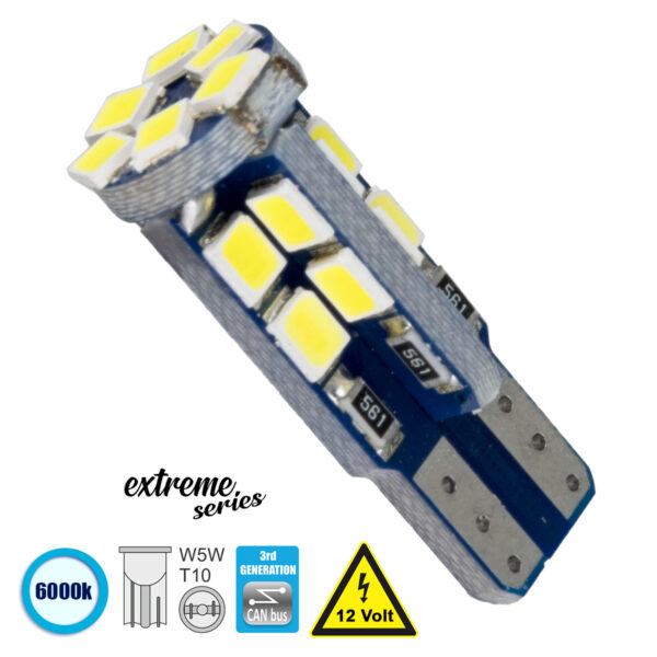 GloboStar® T10 W5W 81103 Λάμπα Αυτοκίνητου  3rd Generation Can-Bus Extreme Series LED 22 SMD 2835 4W 600lm 360° DC 12V IP20 Ψυχρό Λευκό 6000K