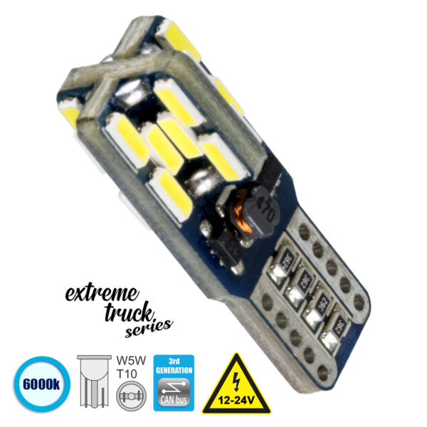 GloboStar® T10 W5W 81106 Λάμπα Αυτοκίνητου  3rd Generation Can-Bus Extreme Truck Series LED 24 SMD 4014 4.8W 720lm 360° DC 12-24V IP20 Ψυχρό Λευκό 6000K