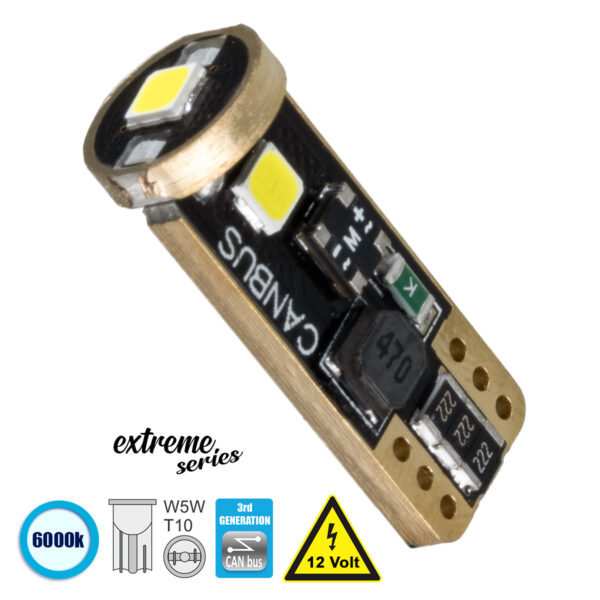 GloboStar® T10 W5W 81115 Λάμπα Αυτοκίνητου  3rd Generation Can-Bus Extreme Series LED 3 SMD 3030 3W 423lm 360° DC 12V IP20 Ψυχρό Λευκό 6000K