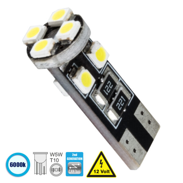 GloboStar® T10 W5W 81119 Λάμπα Αυτοκίνητου  2rd Generation Can-Bus Series LED 8 SMD 1210 2.6W 390lm 360° DC 12V IP20 Ψυχρό Λευκό 6000K