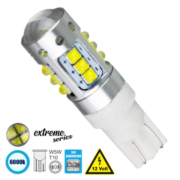 GloboStar® T10 W5W 81120 Λάμπα Αυτοκίνητου  3rd Generation Can-Bus Extreme Series LED 16 CREE XBD 15W 2115lm 360° DC 12V IP20 Ψυχρό Λευκό 6000K